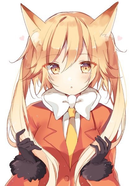 Anime picture 1467x2039 with kemono friends ezo red fox (kemono friends) shiino sera (gelatin) single long hair tall image looking at viewer blush fringe blonde hair simple background hair between eyes white background twintails animal ears yellow eyes upper body parted lips :o fur trim