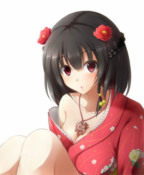 Anime picture 943x1142 with original nicoby single long hair tall image looking at viewer open mouth black hair red eyes white background traditional clothes japanese clothes hair flower :o girl hair ornament flower (flowers) kimono pendant