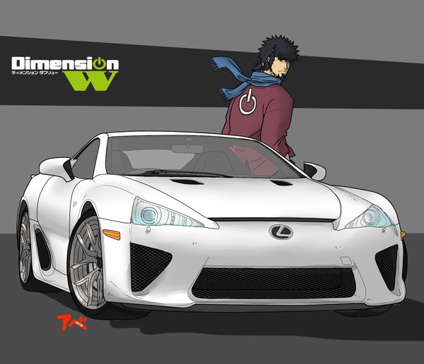 Anime picture 1477x1272 with dimension w toyota mabuchi kyouma abe toragami single looking at viewer short hair black hair signed looking back wind grey background copyright name hands in pockets 2016 boy scarf ground vehicle car beard