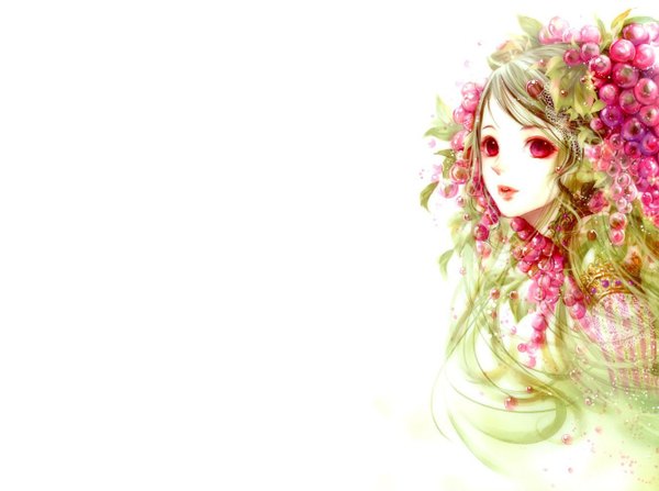 Anime picture 1340x1000 with tukiji nao (green glass) single simple background brown hair white background pink eyes green hair lips girl food berry (berries) grapes