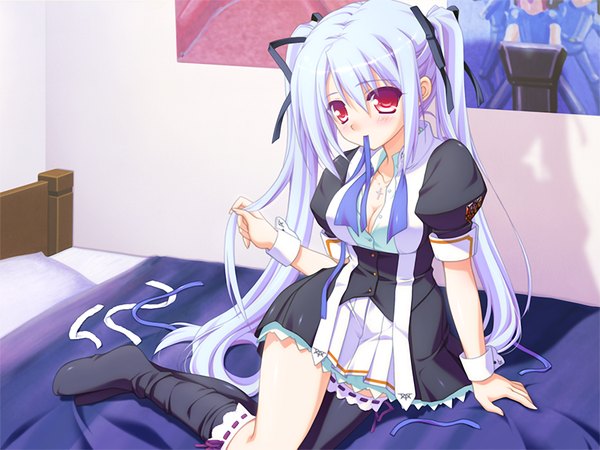 Anime picture 1200x900 with long hair light erotic red eyes twintails game cg white hair girl ribbon (ribbons) boots bed