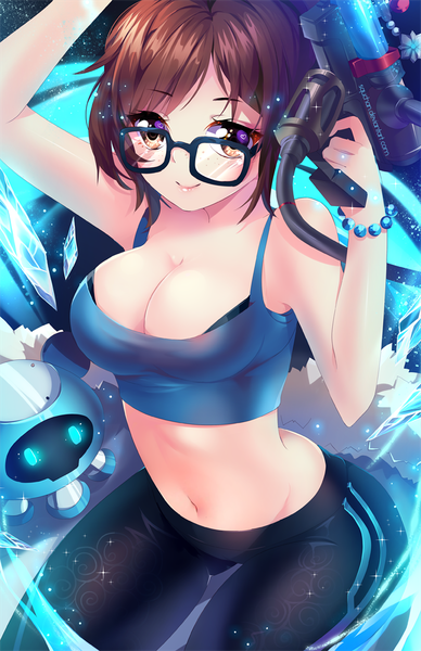 Anime picture 809x1250 with overwatch blizzard entertainment mei (overwatch) snowball (overwatch) squchan single tall image looking at viewer short hair breasts light erotic smile brown hair large breasts brown eyes signed cleavage midriff freckles girl
