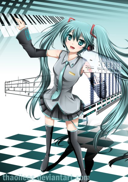 Anime picture 1748x2480 with vocaloid hatsune miku thaoiiees long hair tall image blush highres open mouth simple background smile twintails nail polish aqua eyes aqua hair shadow checkered floor girl thighhighs black thighhighs detached sleeves