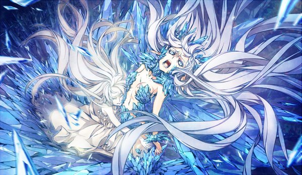 Anime picture 1291x750 with original pixiv fantasia pixiv fantasia fallen kings shanpao long hair open mouth blue eyes light erotic wide image multiple girls white hair eyes closed very long hair pointy ears hug crying dual persona white eyes screaming black sclera