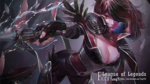 Anime picture 1920x1080 with league of legends fiora (league of legends) tung yi single long hair fringe highres breasts light erotic black hair red eyes wide image large breasts cleavage red hair hair over one eye inscription girl gloves weapon