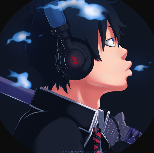 Anime picture 1014x1005 with ao no exorcist a-1 pictures okumura rin zeroooart single short hair blue eyes black hair profile coloring magic black background boy weapon sword necktie headphones katana suit
