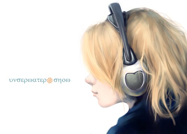 Anime picture 1240x890 with original houfuchao single short hair simple background blonde hair white background profile inscription girl headphones