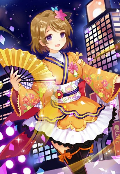 Anime picture 605x880 with love live! school idol project sunrise (studio) love live! koizumi hanayo apring single tall image looking at viewer blush fringe short hair open mouth brown hair purple eyes traditional clothes :d japanese clothes hair flower night night sky
