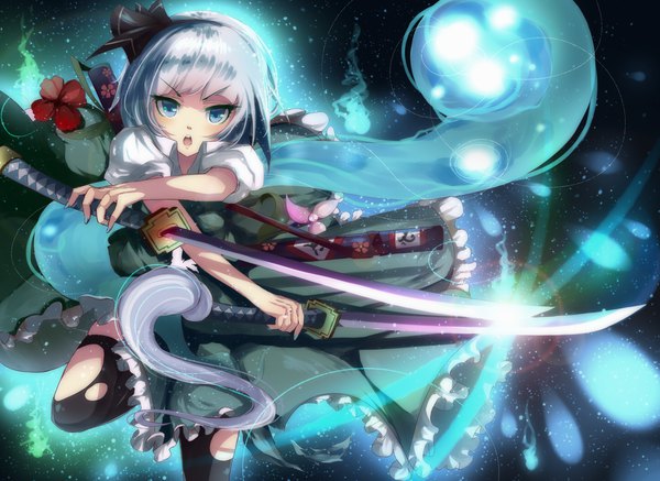 Anime picture 1850x1350 with touhou konpaku youmu myon blizzomos single looking at viewer fringe highres short hair open mouth blue eyes holding silver hair nail polish :o short sleeves puffy sleeves torn clothes lens flare frilly skirt