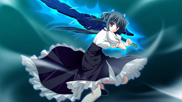 Anime picture 1280x720 with fortissimo//akkord:bsusvier (game) ooba kagerou long hair black hair wide image brown eyes game cg girl sword
