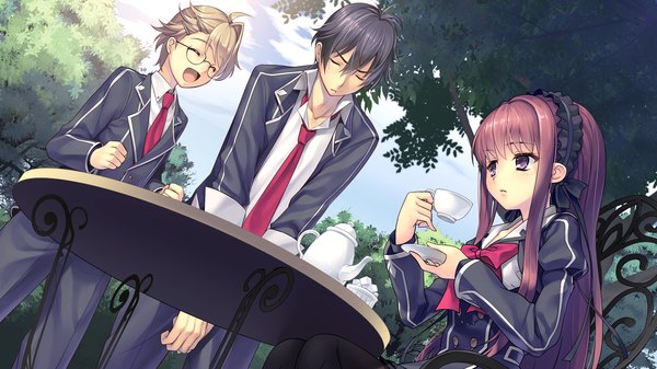 Anime picture 1280x720 with tokeijikake no ley line shishigatani ushio koga mitsuyoshi urabi (tomatohouse) long hair short hair black hair blonde hair wide image game cg red hair eyes closed girl boy uniform school uniform glasses hairband