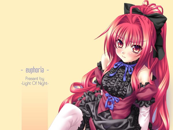 Anime picture 1600x1200 with shinkyoku soukai polyphonica corticarte apa lagranges kannatsuki noboru single long hair looking at viewer blush fringe simple background red eyes sitting bare shoulders bent knee (knees) ponytail red hair gothic girl thighhighs dress gloves