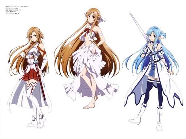 Anime picture 3884x2894 with sword art online a-1 pictures yuuki asuna asuna (sao-alo) tanabe kenji long hair looking at viewer highres simple background brown hair white background multiple girls brown eyes blue hair absurdres pointy ears scan official art elf girl