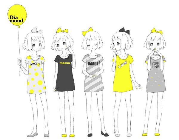 Anime picture 1024x800 with original coishi (artist) white background multiple girls white hair eyes closed grey eyes striped polka dot clothes writing girl dress bow hair bow t-shirt 5 girls balloon