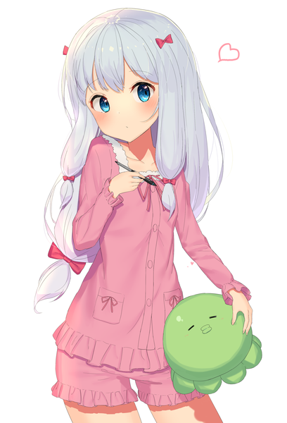 Anime picture 1687x2479 with eromanga sensei a-1 pictures izumi sagiri akamizuki (akmzk) single long hair tall image blush blue eyes simple background white background looking away silver hair low ponytail girl bow hair bow heart toy stuffed animal