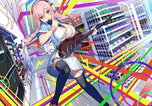 Anime picture 1080x753 with nitroplus super sonico hullabaloo single long hair breasts open mouth light erotic large breasts pink hair pink eyes zettai ryouiki singing abstract girl thighhighs skirt black thighhighs food headphones