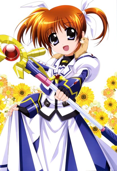 Anime picture 4079x5921 with mahou shoujo lyrical nanoha nyantype takamachi nanoha single tall image looking at viewer highres short hair open mouth purple eyes absurdres orange hair official art girl dress gloves flower (flowers) bow hair bow fingerless gloves