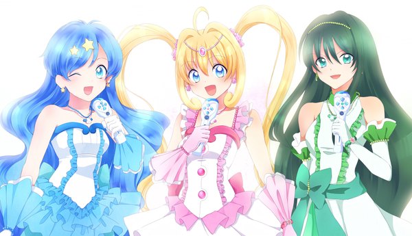 Anime picture 2000x1152 with mermaid melody pichi pichi pitch nanami lucia houshou hanon touin rina surumeri (baneiro) long hair highres blue eyes simple background blonde hair wide image white background twintails multiple girls green eyes blue hair one eye closed green hair wink girl