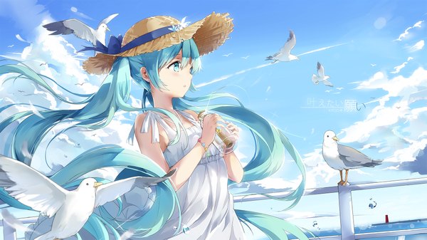 Anime picture 2039x1147 with vocaloid hatsune miku asahi kuroi single blush fringe highres hair between eyes wide image twintails payot looking away sky cloud (clouds) upper body outdoors very long hair profile aqua eyes sunlight