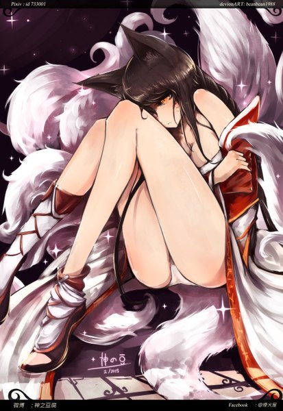 Anime picture 1000x1453 with league of legends ahri (league of legends) beanbean1988 single long hair tall image looking at viewer blush breasts light erotic black hair bare shoulders animal ears yellow eyes tail traditional clothes japanese clothes pointy ears cat ears shadow