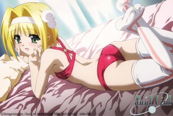 Anime picture 3083x2065 with soul link inatsuki nanami suzuhira hiro single blush highres short hair open mouth light erotic blonde hair green eyes looking away ass indoors lying :d scan official art copyright name on stomach