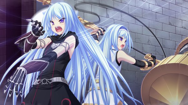 Anime picture 1920x1080 with ryuuyoku no melodia selphie lainlut tenmaso long hair highres open mouth wide image purple eyes multiple girls blue hair game cg girl gloves 2 girls elbow gloves hairband hammer