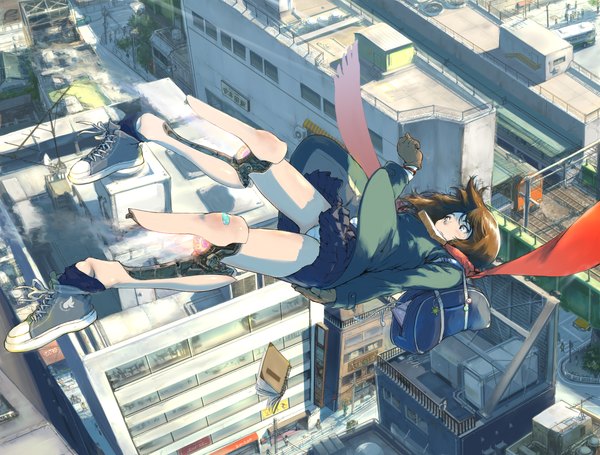 Anime picture 1400x1062 with original ymr single short hair light erotic brown hair aqua eyes city falling street midair toast in mouth transformation girl skirt gloves underwear panties miniskirt jacket