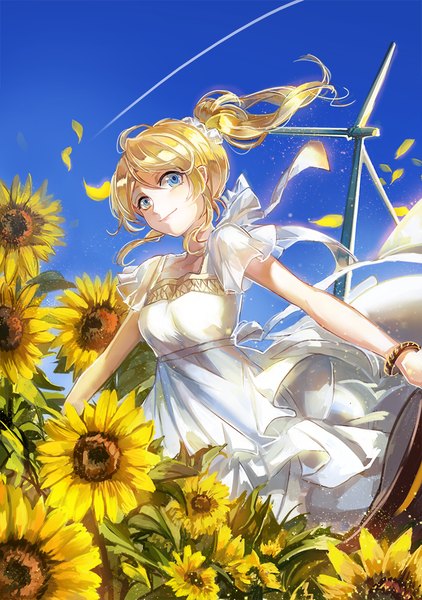 Anime picture 704x1000 with love live! school idol project sunrise (studio) love live! ayase eli vima single long hair tall image looking at viewer blue eyes blonde hair sky ponytail wind girl dress flower (flowers) petals bracelet white dress