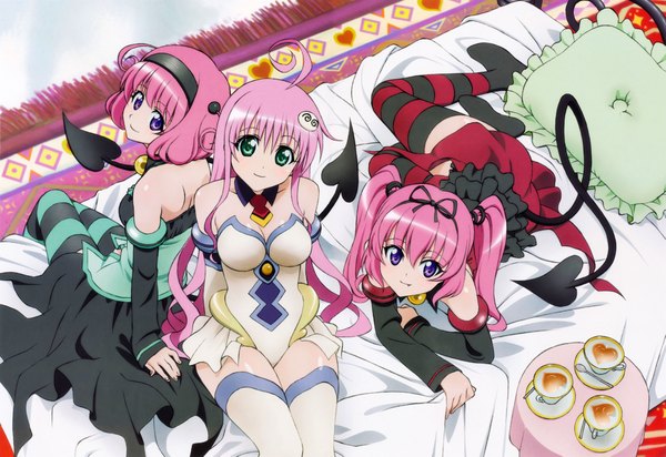 Anime picture 8955x6153 with toloveru xebec momo velia deviluke lala satalin deviluke nana asta deviluke tagme (artist) long hair highres short hair twintails purple eyes bare shoulders multiple girls green eyes pink hair absurdres ahoge scan official art girl