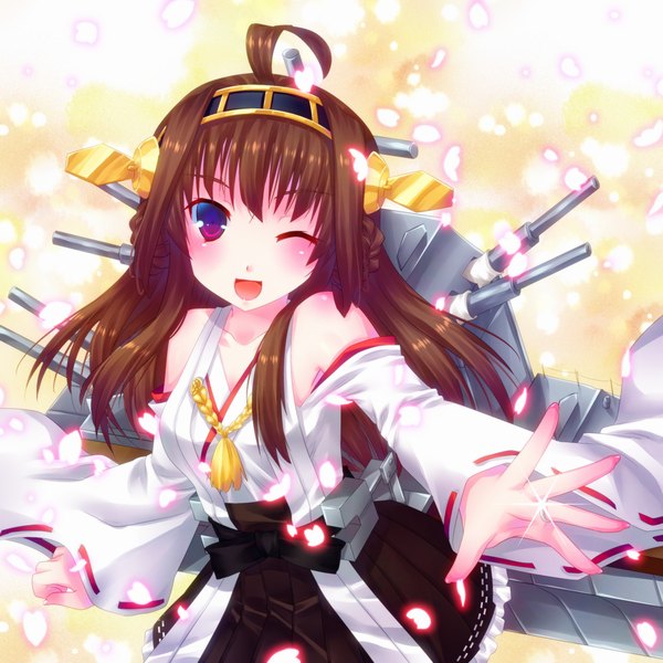 Anime picture 1000x1000 with kantai collection kongou battleship door to heaven single long hair looking at viewer blush open mouth brown hair purple eyes bare shoulders ahoge traditional clothes one eye closed wink nontraditional miko girl hair ornament weapon detached sleeves