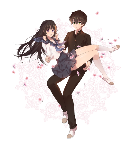 Anime picture 1300x1424 with hyouka kyoto animation chitanda eru oreki houtarou ice (ice aptx) long hair tall image blush fringe short hair open mouth black hair simple background brown hair white background sitting purple eyes green eyes ahoge bent knee (knees)