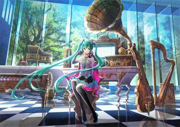 Anime picture 1389x983 with vocaloid hatsune miku fuzichoco single looking at viewer sitting twintails very long hair aqua eyes light smile aqua hair checkered floor floor revision headphones around neck girl thighhighs skirt gloves hair ornament