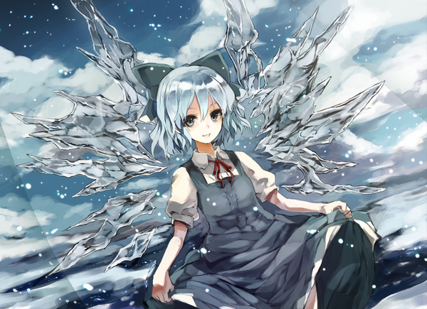 Anime picture 1034x750 with touhou cirno monorino (artist) single short hair smile sky cloud (clouds) white hair black eyes snowing winter snow girl dress bow hair bow wings
