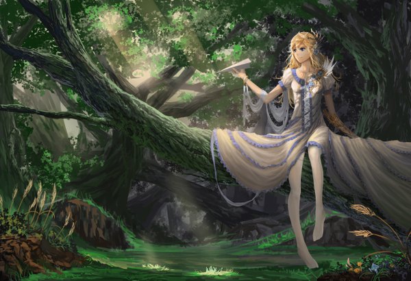 Anime picture 5102x3489 with original ylpylf single long hair highres blue eyes blonde hair sitting looking away absurdres girl dress hair ornament plant (plants) tree (trees) paper airplane