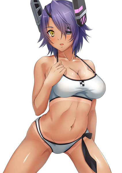 Anime picture 1000x1414 with kantai collection tenryuu light cruiser sakiyamama single tall image looking at viewer short hair breasts open mouth light erotic simple background white background yellow eyes purple hair tan tan lines girl navel hair ornament swimsuit