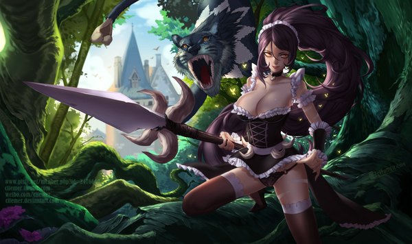 Anime picture 2210x1314 with league of legends nidalee (league of legends) gu-ko citemer long hair highres breasts light erotic black hair wide image yellow eyes ponytail girl thighhighs underwear panties weapon black thighhighs animal frills black panties