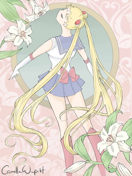 Anime picture 1024x1365 with bishoujo senshi sailor moon toei animation tsukino usagi sailor moon camiiw (artist) single tall image blonde hair standing twintails signed eyes closed very long hair pleated skirt hair bun (hair buns) sleeveless girl skirt gloves flower (flowers)