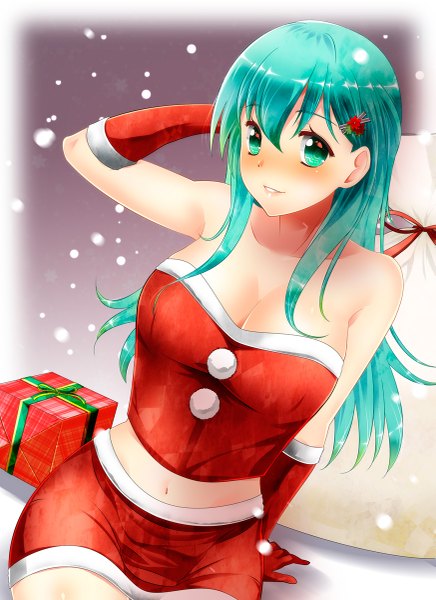 Anime picture 873x1200 with kantai collection suzuya heavy cruiser kiko (weavehabit) single long hair tall image looking at viewer blush fringe breasts light erotic large breasts bare shoulders green eyes green hair christmas merry christmas girl skirt gloves