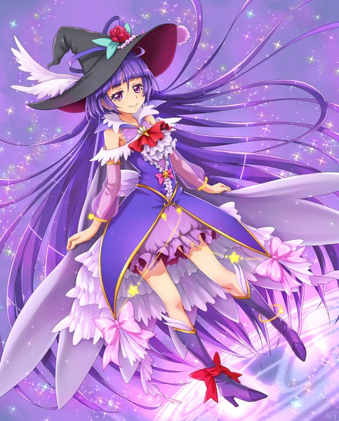 Anime picture 887x1100 with precure mahou girls precure! toei animation izayoi riko cure magical chocokin single tall image looking at viewer fringe smile purple eyes purple hair blunt bangs very long hair sparkle high heels floating hair frilly skirt girl