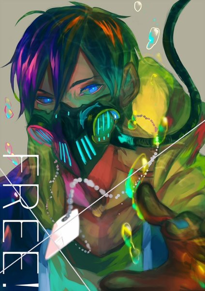 Anime picture 724x1024 with free! kyoto animation nanase haruka (free!) bwusagi single tall image looking at viewer short hair blue eyes simple background purple hair inscription grey background underwater water pendant mask bubble (bubbles) hand locket