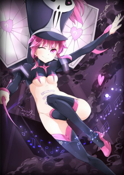 Anime picture 1440x2038 with kill la kill studio trigger jakuzure nonon suikaxd single long hair tall image looking at viewer breasts light erotic payot pink hair one eye closed pink eyes light smile wink high heels underboob skull print girl