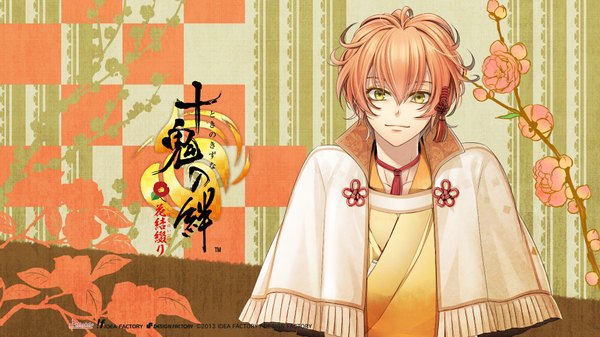 Anime picture 1920x1080 with toki no kizuna idea factory shuu nagumo miko (artist) single looking at viewer fringe highres short hair wide image yellow eyes traditional clothes light smile scan orange hair inscription official art hieroglyph boy flower (flowers)