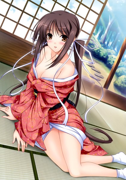 Anime picture 4907x7000 with princess lover houjouin seika komori kei single long hair tall image looking at viewer blush highres breasts light erotic brown hair twintails bare shoulders brown eyes absurdres traditional clothes japanese clothes scan girl