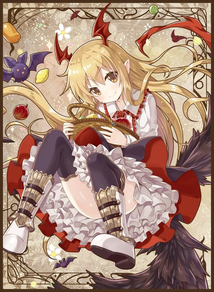 Anime picture 732x1000 with granblue fantasy vampy yano mitsuki single long hair tall image blush fringe blonde hair smile hair between eyes holding yellow eyes payot ass tail head tilt pointy ears looking down convenient censoring