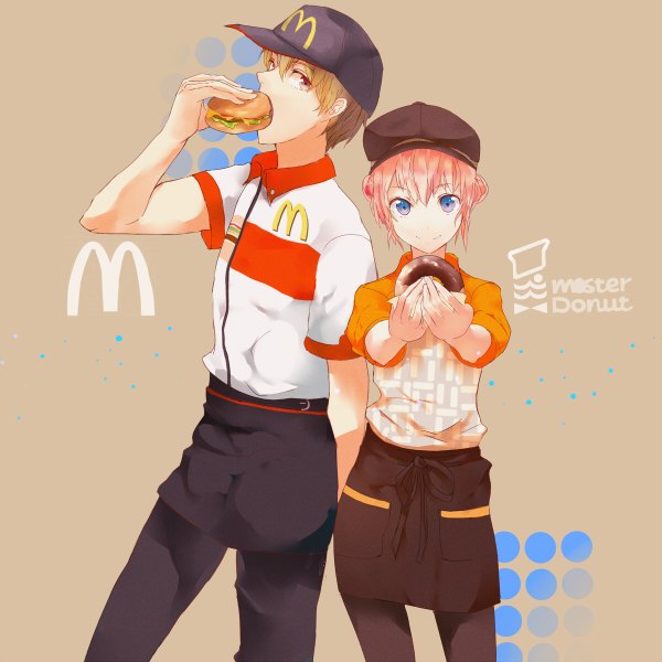 Anime picture 1200x1200 with gintama sunrise (studio) mcdonald's kagura (gintama) okita sougo siokonbu looking at viewer short hair blue eyes smile brown hair standing brown eyes orange hair alternate costume eating multicolored eyes brown background girl boy