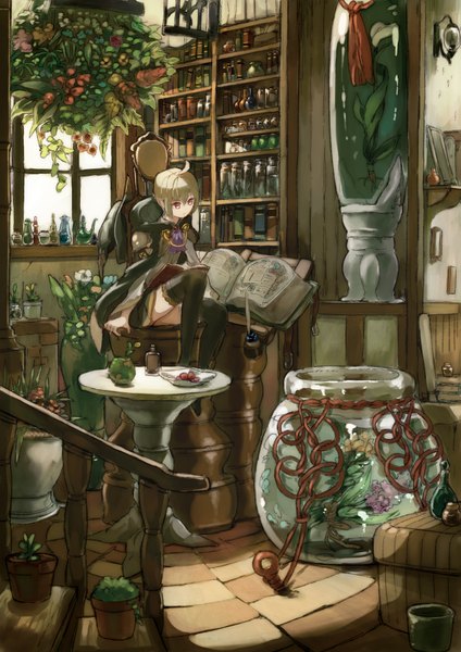 Anime picture 1191x1684 with original kureta (nikogori) single tall image short hair blonde hair sitting brown eyes ahoge pointy ears zettai ryouiki witch girl thighhighs dress flower (flowers) plant (plants) window book (books) leaf (leaves)