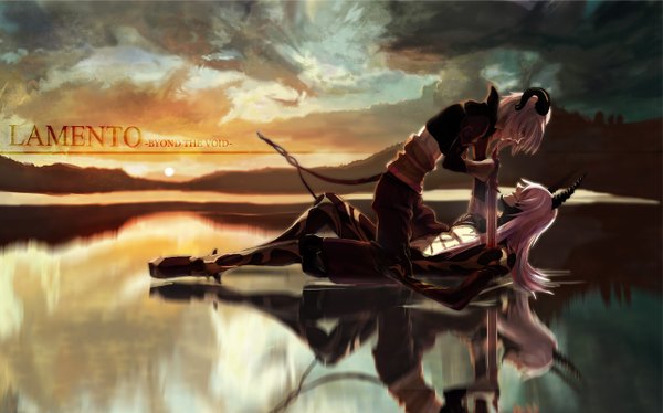 Anime picture 1282x800 with lamento nitro+chiral konoe rai serori long hair short hair smile red eyes wide image sitting pink hair tail lying horn (horns) evening reflection sunset sitting on person boy