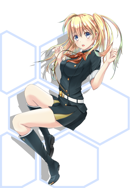 Anime picture 1026x1441 with owari no seraph wit studio sanguu mitsuba minagi (p) single long hair tall image blush fringe breasts open mouth blue eyes blonde hair simple background hair between eyes white background sitting twintails looking away ahoge