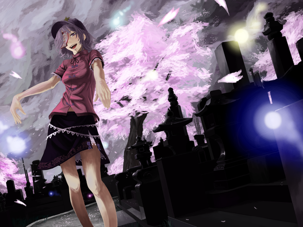 Anime picture 1400x1050 with touhou miyako yoshika akaikitsune single short hair open mouth purple hair black eyes cherry blossoms ghost girl skirt plant (plants) petals tree (trees) flat cap