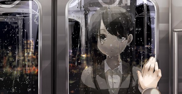 Anime picture 2048x1057 with original yuzua single long hair looking at viewer fringe highres black hair wide image upper body long sleeves night grey eyes tears city reflection rain cityscape pov city lights